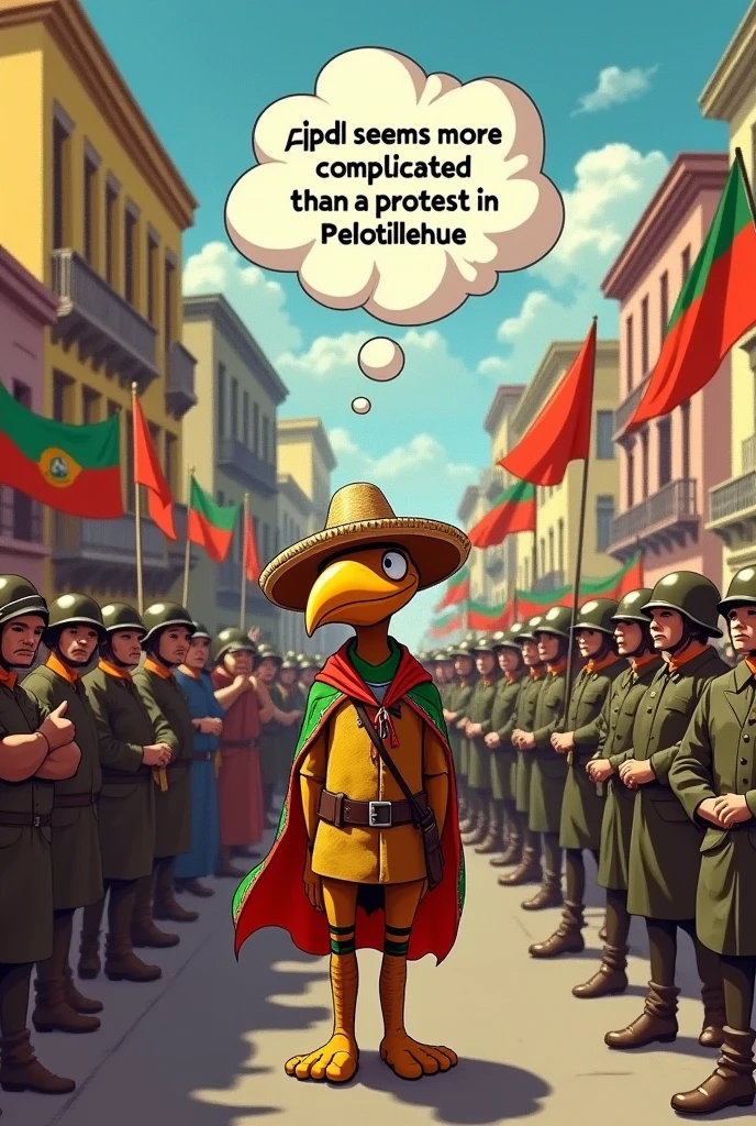scenery: Main square of Santa Cruz, Bolivia, 1957.
Description: condorito entra en la escena con su sombrero de chola cruceña. The square is full of protesters and soldiers.

Text in thought bubble (condorito):
"¡plop! This seems more complicated than a protest in Pelotillehue."