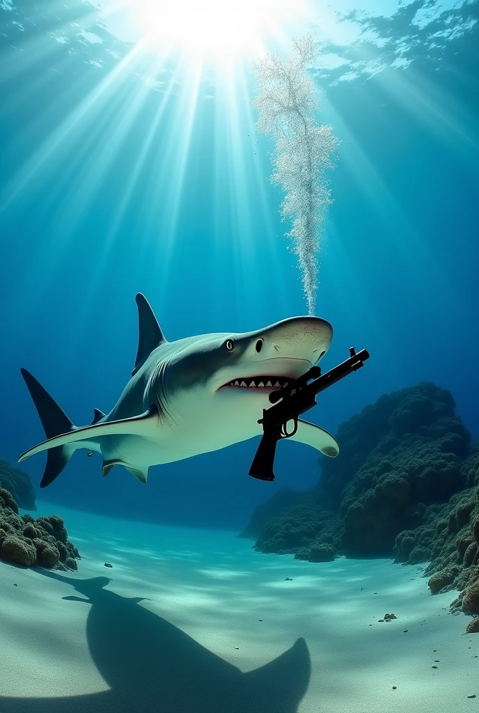 A hammerhead shark seen from below with a mini uzi in its mouth