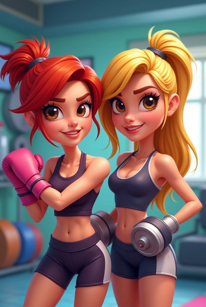 "Create two female avatars with distinct characteristics. Both must be wearing gym clothes and making a strength sign with one arm.. The first woman should be a little shorter, redhead with boxing gloves on her hands. The second one should be higher, blonde, without gloves and with gym dumbbells in his hand. Make them a little more cartoon-like. both brown eyes