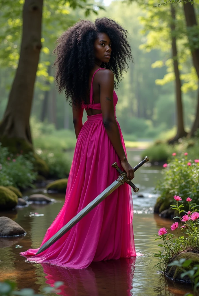 Black orisha warrior with curly hair holding a curved sword in her hand, wearing a hot pink dress in a creek in the woods