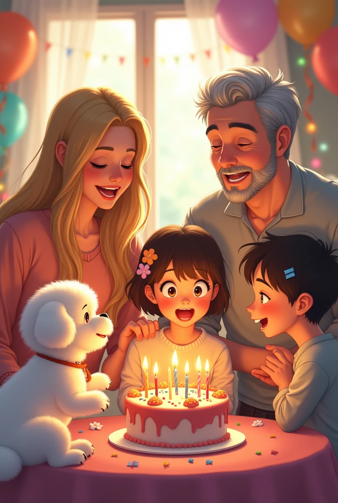 A family of 5 in anime style, a 40 year old mother, blonde, a 50 year old dad, a 15-year-old daughter with wavy brown hair and a 17-year-old son with wavy brown hair with a white Bichon Maltese dog, Dad blowing out the candles on the cake