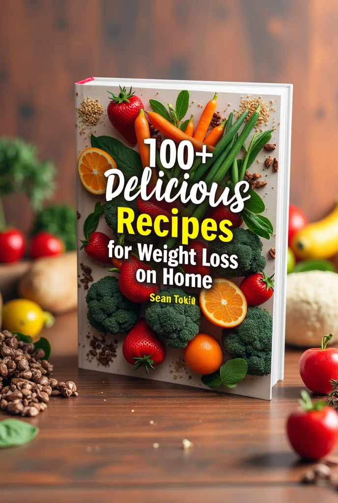 Create an eBook page with a food background and the title 100+ Delicious Recipes for Weight Loss at Home