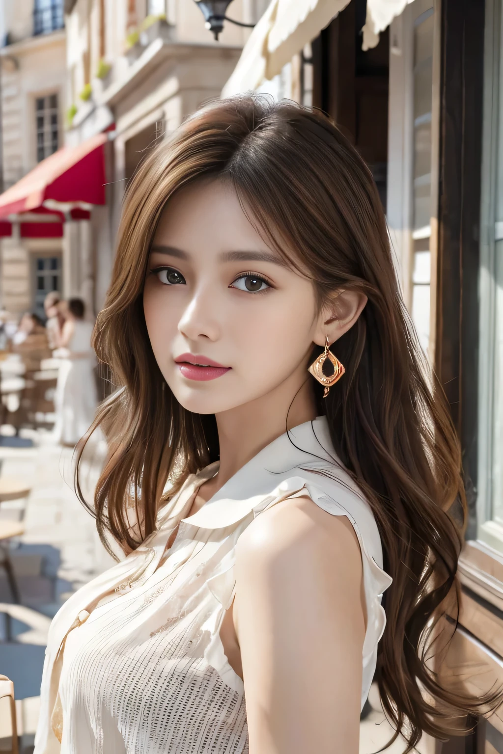 masterpiece, Highest quality, Realistic, Very detailed, Finer details, High resolution, 8k wallpaper, One beautiful woman,Wear a nice blouse, On the terrace of a lovely cafe, at noon, Light brown messy hair, Perfect dynamic composition, Beautiful and beautiful eyes、Big earrings、Sleeveless shirt、Hair blowing in the wind、