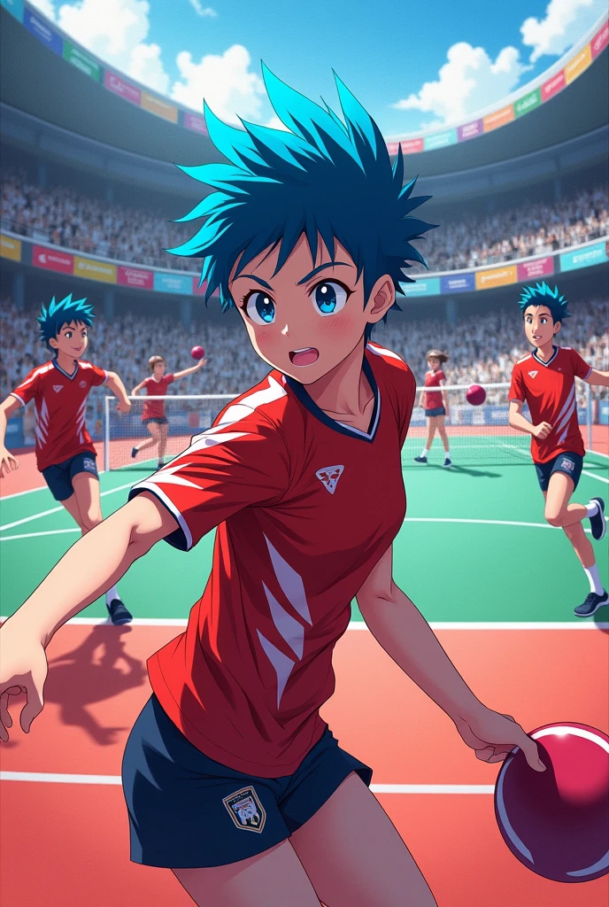 anime with volleyball table tennis court tennis in red and blue tones