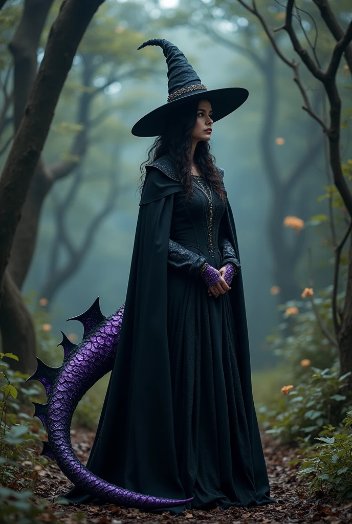 A woman with purple dragon scales on her face, a black medieval wizard outfit with a cape and hat, with a tail that has a triangle-shaped tip