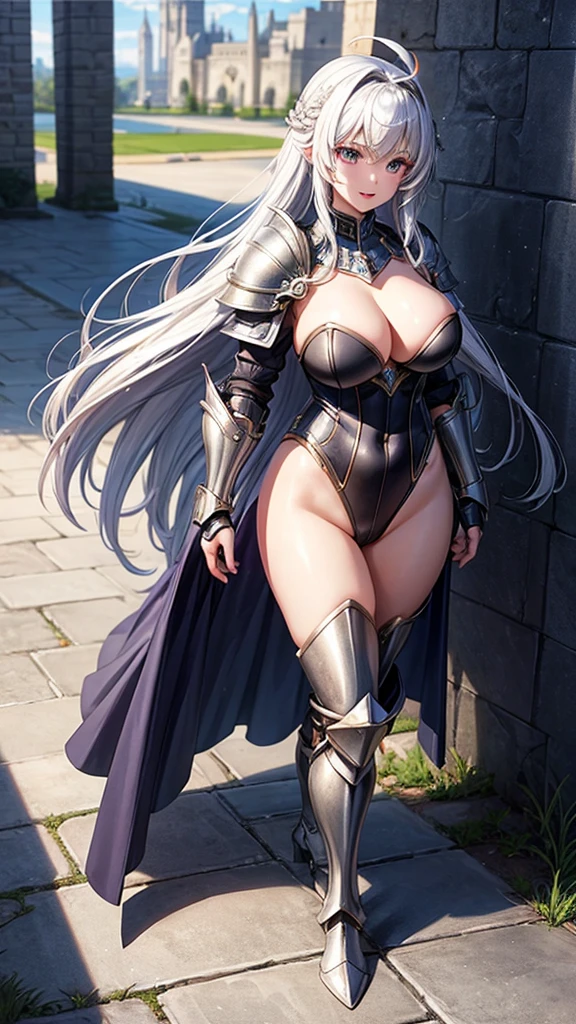 Woman knight、a beauty girl、huge tit、Excellent style、Nice Buddy、glamorous、leotard、s Armor、Shoulder rest armor、Bra chest armor、knee boots、gauntlets、hair adornments、silber hair、Longhaire、Ahoge、is standing、full body seen 、Medieval city、Walking、slightly open mouth、a smile、