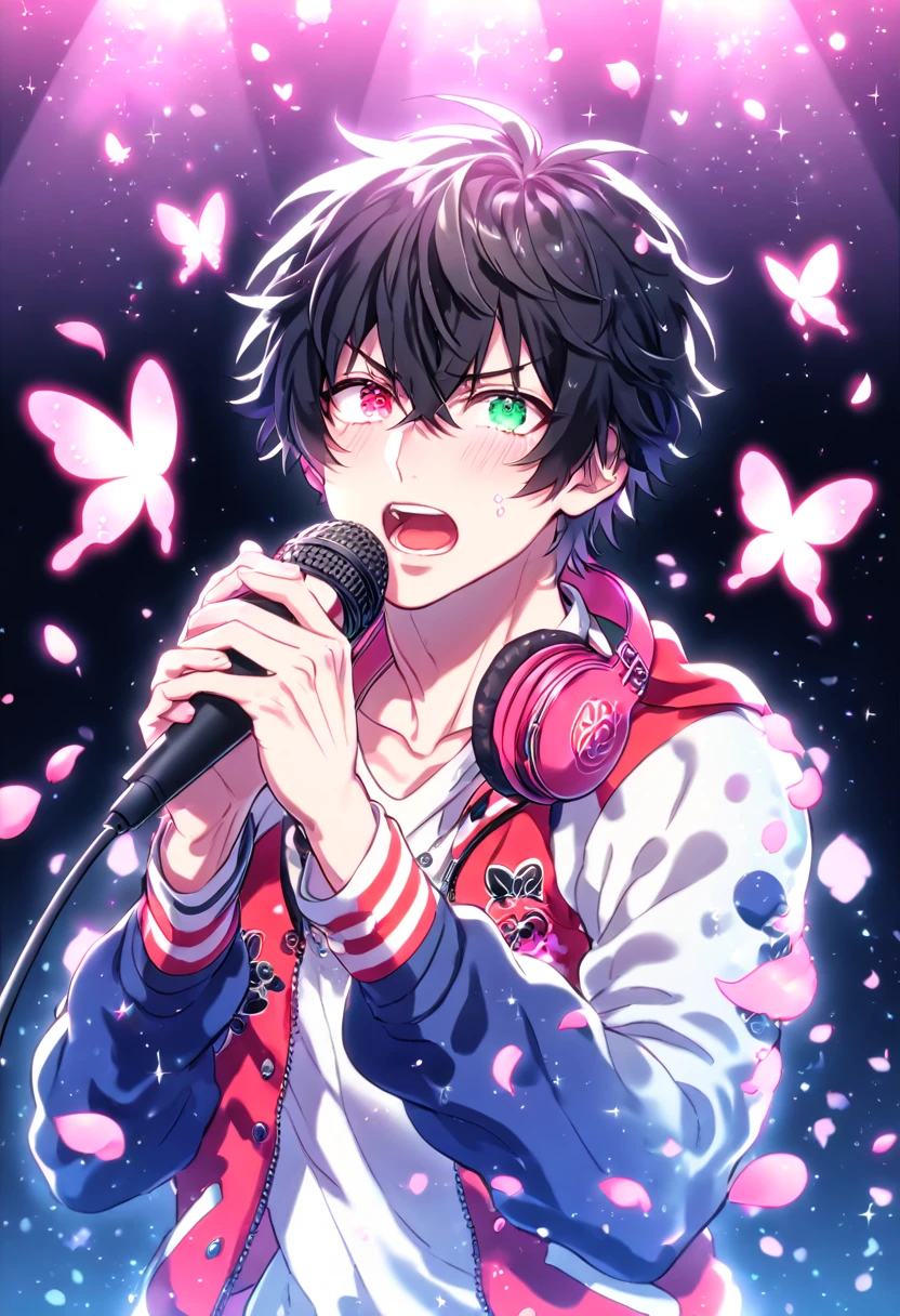 absurdres, highres, ultra detailed, HDR, master piece, Yamada Ichiro, black hair, heterochromia, expressive left red eye, right green eye, red varsity jacket, blue sleeves, white hoodie, a pair of red headphones around his neck, Hypnosis mic, fantasy, glittering pink butterflies, petals, magical, handsome, sexy man holding a microphone, singing, solo, very detailed eyes and face, glittering, pink flowers, sensual, horny, crystal glass magic, pink shining fireflies, pink fire, idol stage, manly man
