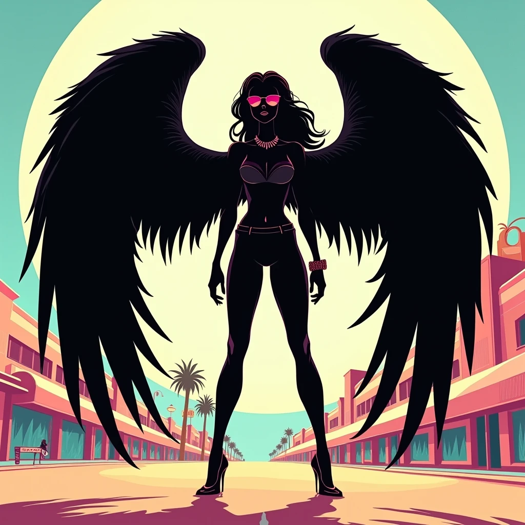 Black shadow of a woman with angel wings and fashionable clothes in a confident and sensual cartoon style, in Vice City GTA, White sky