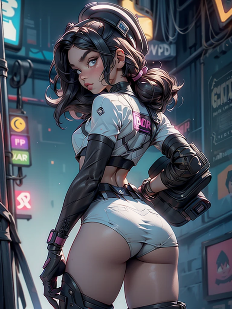 tmasterpiece，best qualtiy，8k wallpaper，The is very detailed，illustratio，（perfect bodies：1.1）, 1个Small Breast Girl, Hailee Steinfeld, cute face, dual horsetail，wearing hat，wearing mini hot pants, beautiful detailed eyes, beautiful detailed lips, slim body, cute bum, Cyberpunk-inspired short outfits, Baseball bat, Turn Back