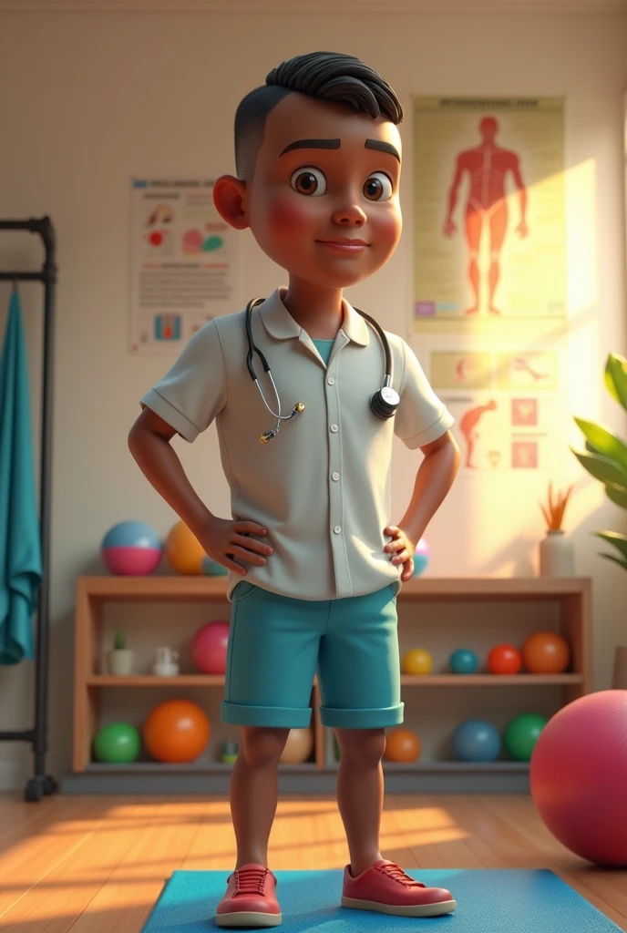 pixar 3d image of a beautiful young adult men with brown skin color with very , very short  hair , who is a physiotherapist and the background full of physiotherapy stuff.