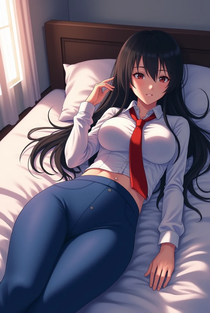 Anime Japanese woman White shirt transparent with sweat Blue tight slacks showing the shape of her genitals Red tie Nipples visible On bed Big breasts Big ass