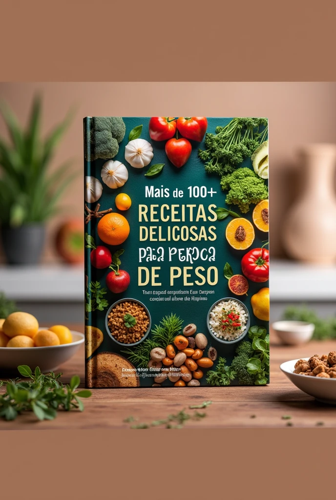 Create an e-book page in Portuguese with a food background and the title More than 100 Delicious Recipes for Weight Loss at Home