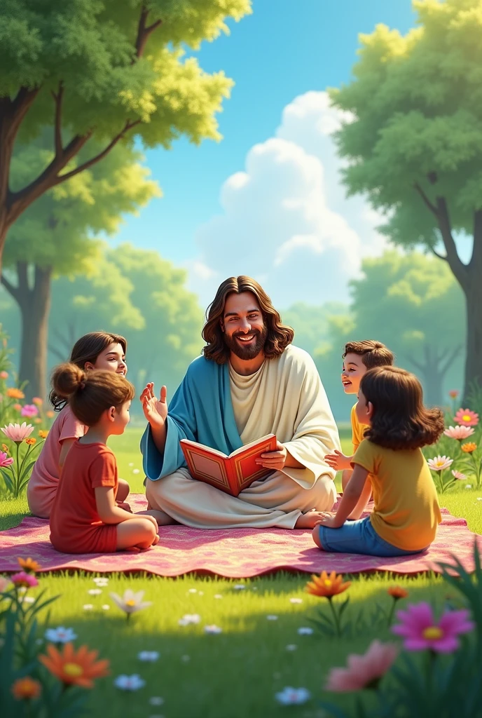 Jesus with children in the park talking Disney style