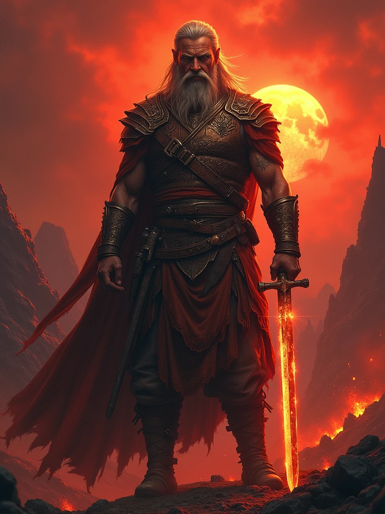 Picture a mythical warrior standing in a dynamic pose, his eyes burning with determination. Dressed in a traditional-looking outfit with various protective features, he is holding a brilliantly crafted sword that seems to resonate with a mysterious energy. The background is set in a crimson-tinted landscape, symbolizing the countless battles this warrior has fought. The atmosphere is thick with tension and anticipation, suggesting an imminent encounter with a formidable foe. Note that this character is not associated with any existing copyrighted characters or franchises.