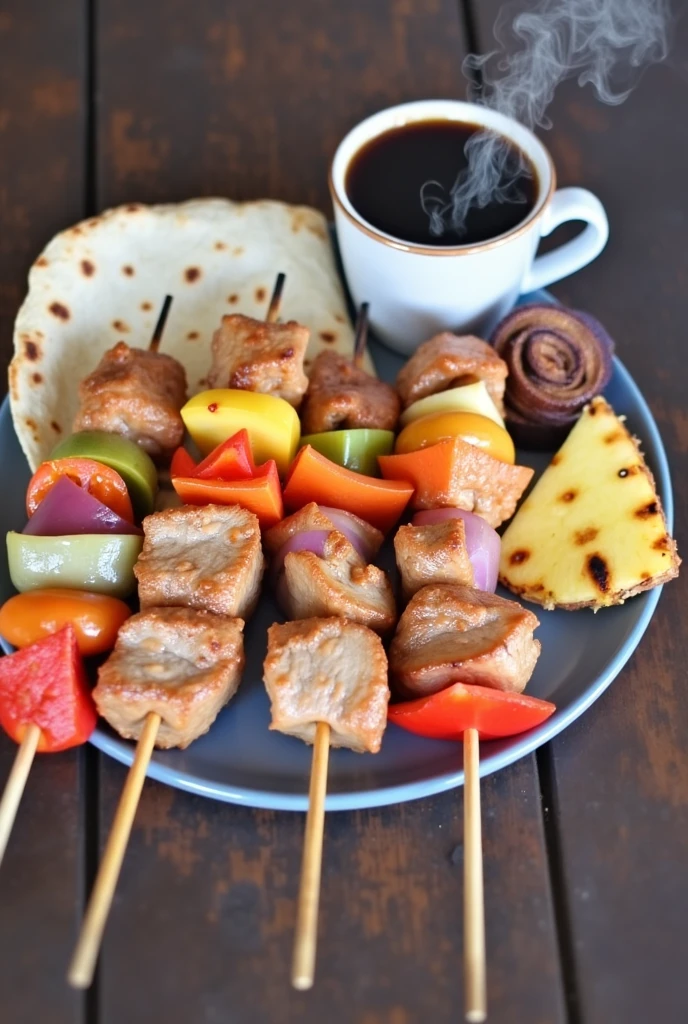 A cup of black coffee with a grilled skewer with 4 pieces of pork and between each piece of meat there must be a carrot, sweet chili and onion , with a small 10-centimeter tortilla and a small 5-centimeter triangle of grilled pineapple