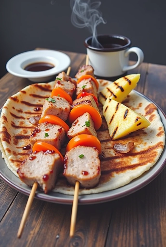 A cup of black coffee with a grilled skewer with 4 pieces of pork and between each piece of meat there must be a carrot, sweet chili and onion , with a small 10-centimeter tortilla and a small 5-centimeter triangle of grilled pineapple
