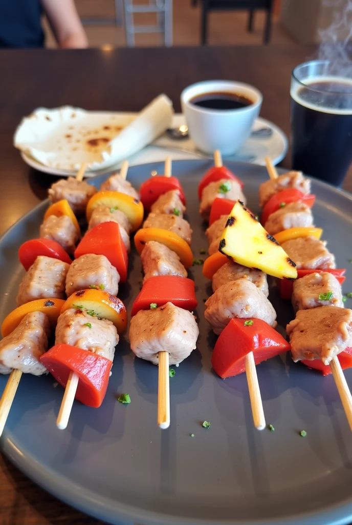 A cup of black coffee with a grilled skewer with 4 pieces of pork and between each piece of meat there must be a carrot, sweet chili and onion , with a small 10-centimeter tortilla and a small 5-centimeter triangle of grilled pineapple
