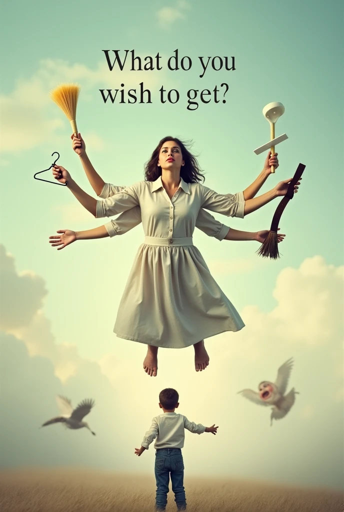Create me a image of a mother floating in the air with 4 hands in one hand a coat hanger another a sweeper another a belt and nothing in another pointing at the frightened son and type a bold text at the top that says what do you wish to get