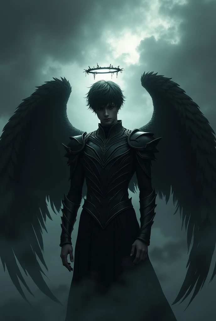 Male angel wearing black winged anime mask, sad in the darkness