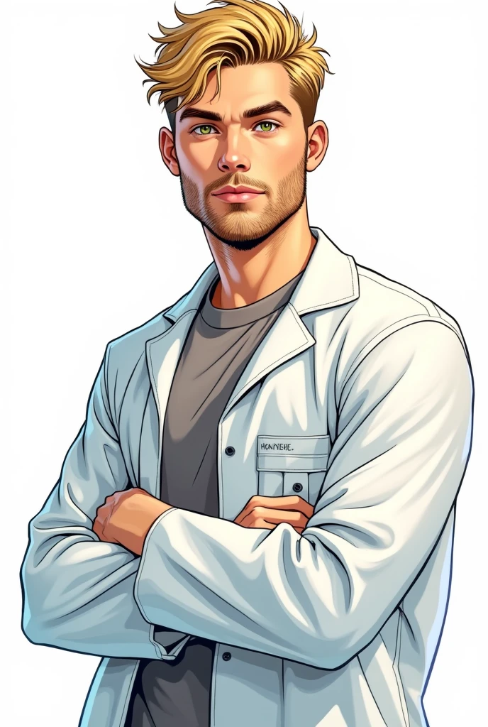 20 year old college man with short blond beard, with golden green eyes wearing a lab coat the image in the form of dc comics art without a background
 