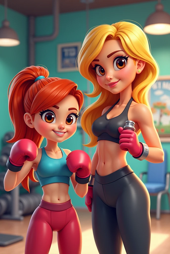 "Create two female avatars with distinct characteristics. Both must be wearing gym clothes and making a strength sign with one arm.. The first woman should be a little shorter, redhead with boxing gloves on her hands. The second one should be higher, blonde, without gloves and with gym dumbbells in his hand. Make them a little more cartoon-like. both brown eyes
