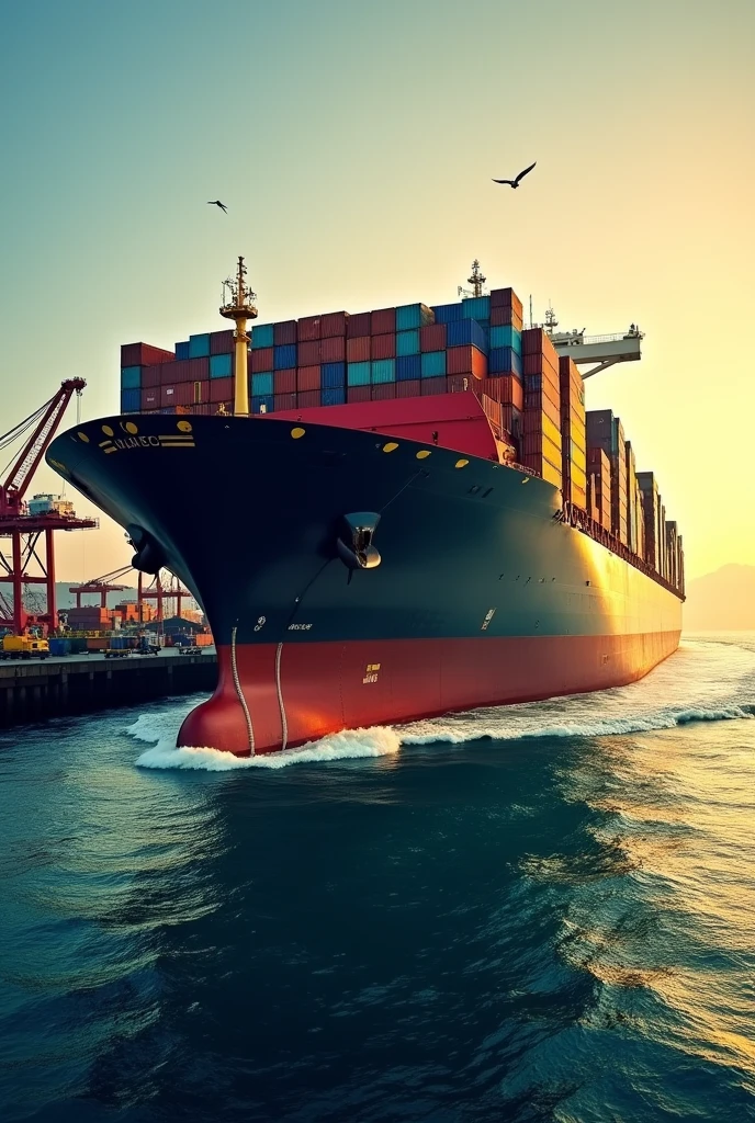Illustration of a huge ship with containers in a port, the image must be in landscape orientation and without people