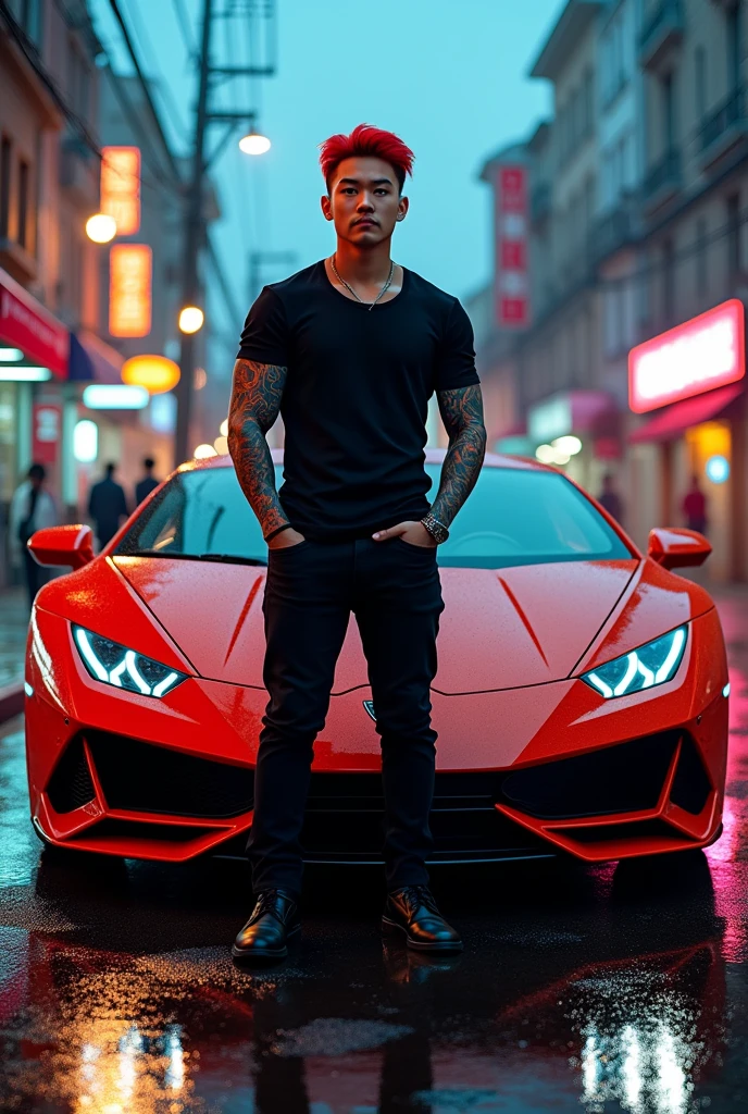 Create a south korean guy with pacific tattoos on his arm and is standing beside a pergasus lambogini and has red dyed hair and its raining as well.