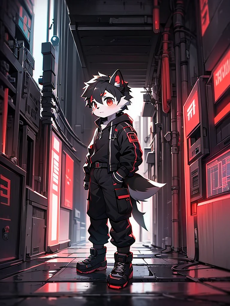 Shota,puppy,Shorty,Cyberpunk,Wear combat shoes,Full body front,Red, black and white color scheme,Blank Background,Dual view setting diagram