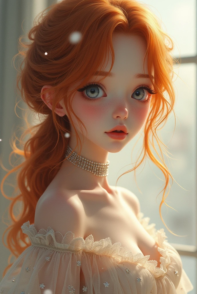 best qualityer, work of art, (realisitic: 1.2), 1 girl, slender girl, ginger hair, eyes browns, 3/4 view, face detailed, gorgeous eyes, eyes gray, eyes large, breasts small, choker, see through gown