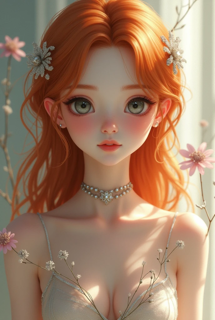 best qualityer, work of art, (realisitic: 1.2), 1 girl, slender girl, ginger hair, eyes browns, 3/4 view, face detailed, gorgeous eyes, eyes gray, eyes large, breasts small, choker, see through gown