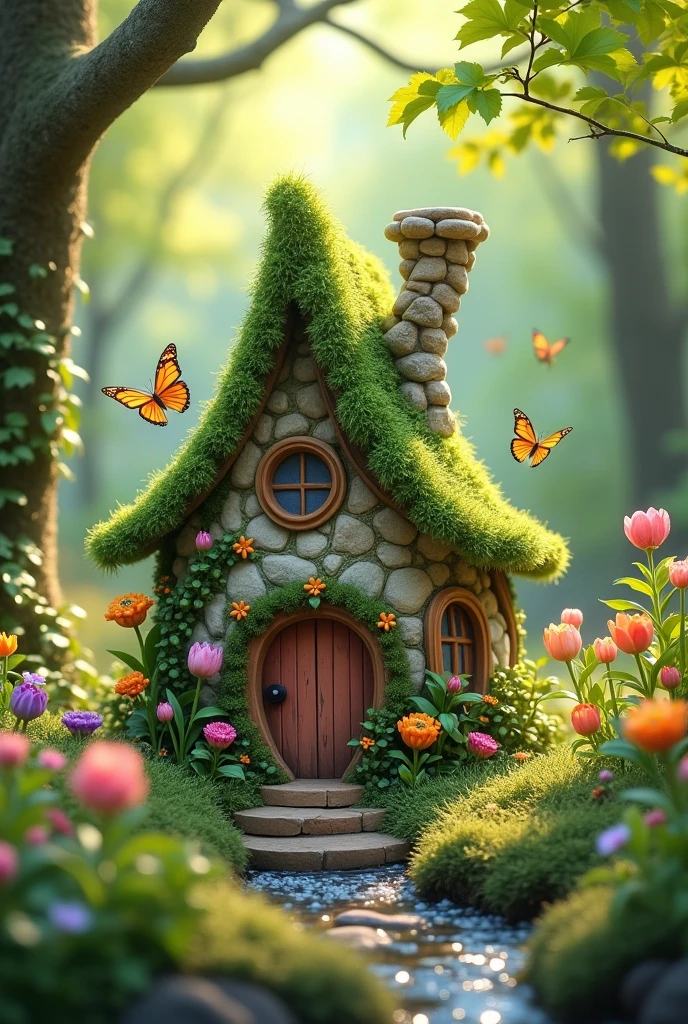 Little fairy house in spring with magic surrounding the forest