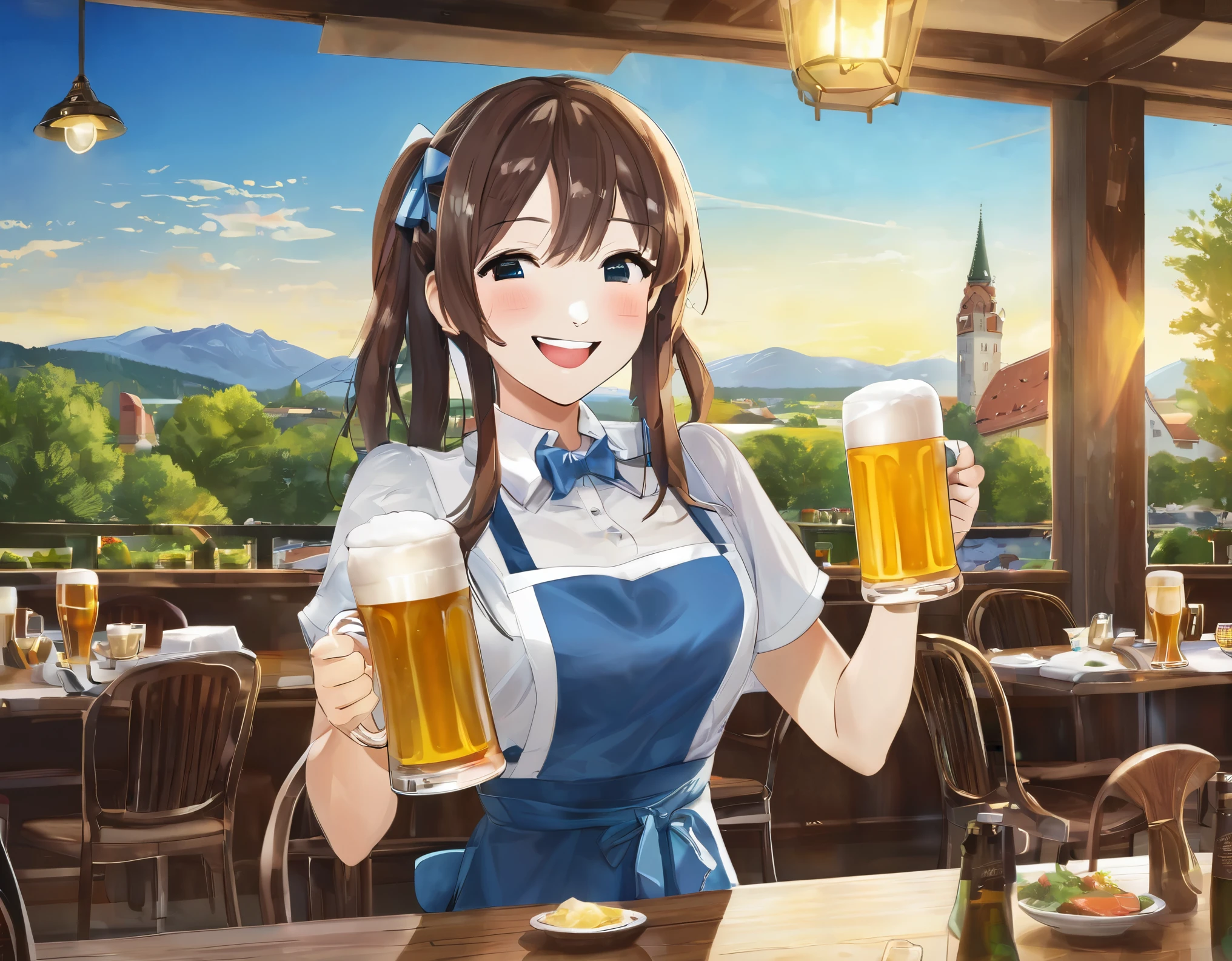 Beer , Bright smile, cup, Lightブルーのロングヘア, Holding cup, Mug, alcohol, food, Holding,, ribbon, Beer  Mug, , apron, waitress, neck ribbon, shirt, Laughter, Happy, Bright smile, Dark Eyes、
New Munich, scenery, table, Outdoor, blue sky、Chair, window, ceiling Light, restaurant, Light, 
