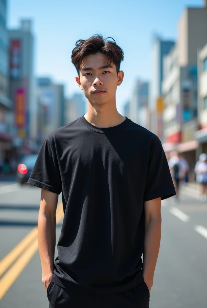 1boy,24years,profile,shoot from front,japanese,makes an aesthetic,Master piece,Best Quality,ultra detailed,Realistic, real,a cool boy, 1boy, solo,standing,looking at viewer,Natural Lighting,beautiful brown eyes,blurry background,clear sky,outsides,city,toned,black-colored,t-shirt,pants