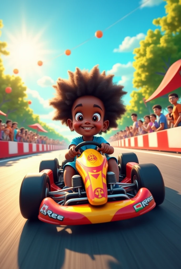 dark-skinned boy with curly hair, with white t-shirt in a racing cart