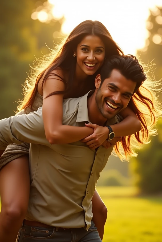 Create a elegant picture of actress Ileana D'Cruz piggyback lifting a man on her shoulders in piggyback style , man is sitting on woman's back