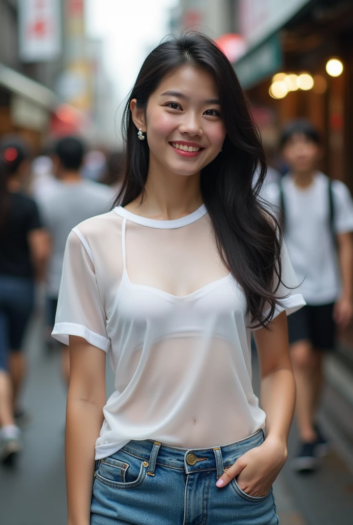 1 Japanese beautiful girl, ((Transparent white wet and see-through T-shirt:1.2, denim pants)), (wet body:1.7),18yo girl, Super beautiful detailed face, (smile:1.4), earrings, (various hair style:1.4, bangs), cowboy shot, (small breast:1.4, chubby body), (neutral-colored small areola), nude, Naked, BREAK, masterpiece, best quality, ultra quality, high quality, realistic, photo realistic, RAW photo, hyper detailed, intricate detaile, (crowded street:1.4),