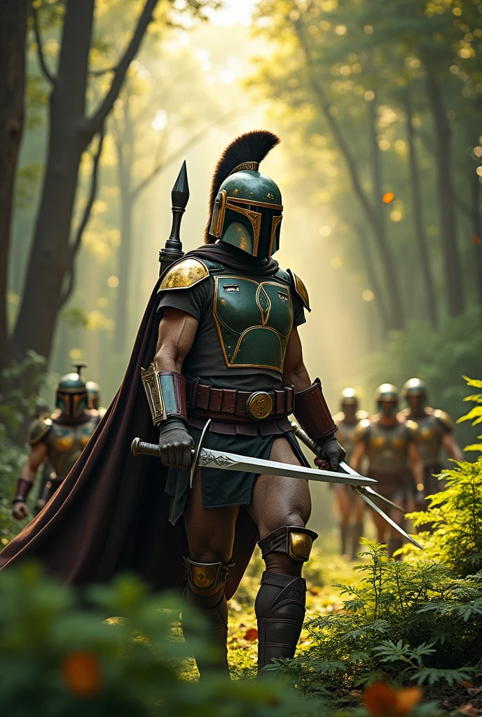 Sprtan warrior, boba fett, 2 swords, fighting, forest background, bronze armor, warriors in the background,