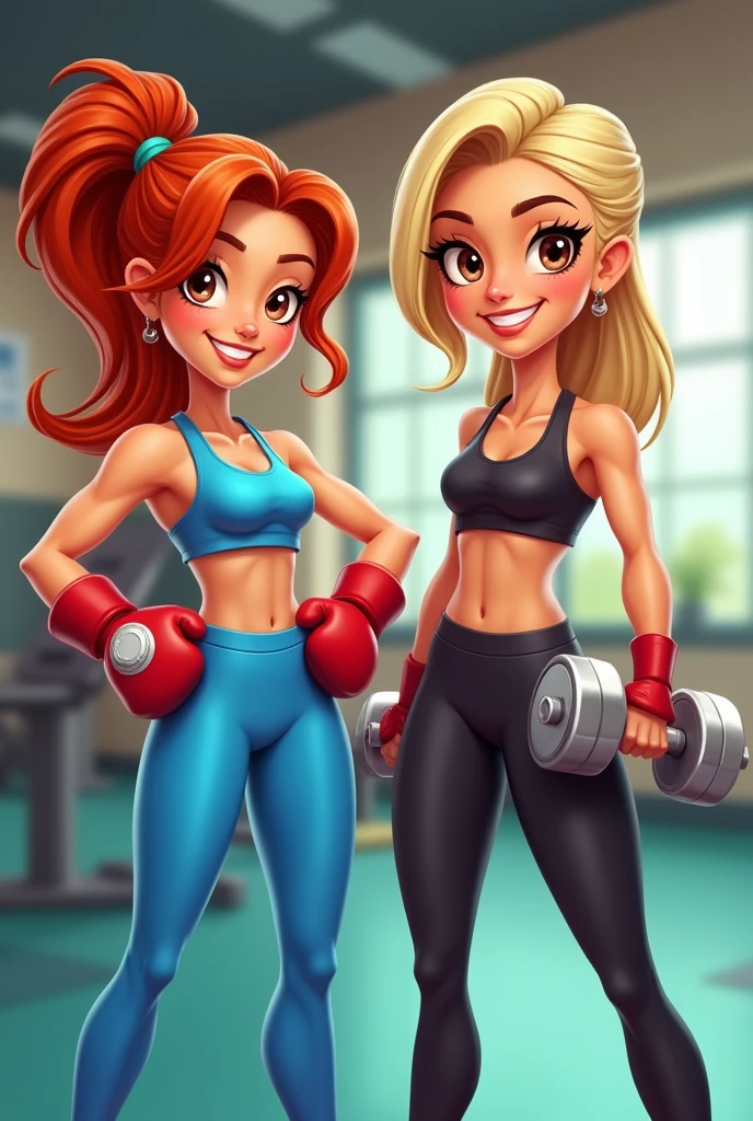 "Create two female avatars with distinct characteristics. Both must be wearing gym clothes and making a strength sign with one arm.. The first woman should be a little shorter, redhead with boxing gloves on her hands. The second one should be higher, blonde, without gloves and with gym dumbbells in his hand. Make them a little more cartoon-like. both brown eyes