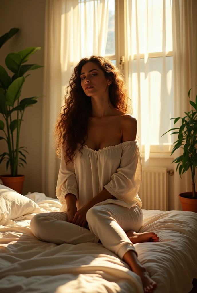 (photorealism:1.2), beautiful woman, sitting on bed, wearing loose off-shoulder top, pajama pants, long curly hair, indoors, soft lighting, plants in background, window with sunlight, cozy room, relaxed pose, realistic, intricate details, warm colors, by Greg Rutkowski, by Alphonse Mucha
