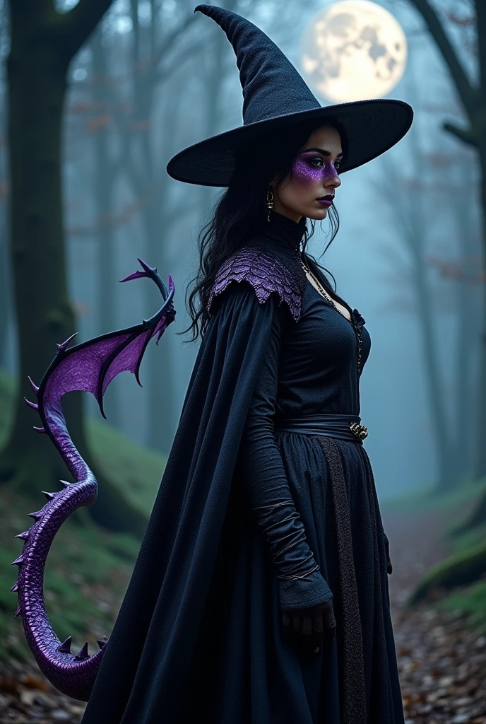 A woman with purple dragon scales on her face, a black medieval wizard outfit with a cape and hat, with a tail that has a triangle-shaped tip