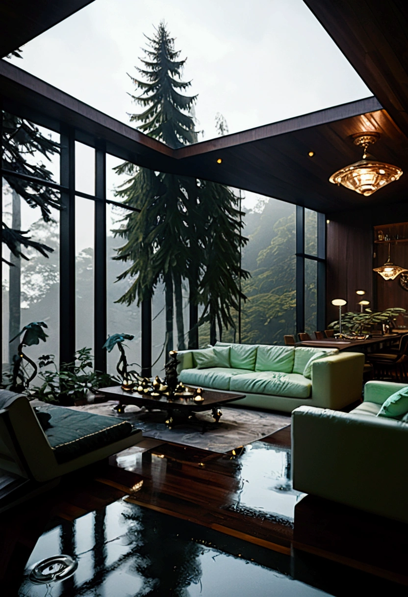 A luxury residence designed to resemble an airplane is integrated into a lush forest setting. The structure mimics the shape of an aircraft, with large wings extending over a modern multi-story building. The property is surrounded by trees, and the house features large windows and a pool, creating a blend of aviation and architectural innovation in a natural environment.