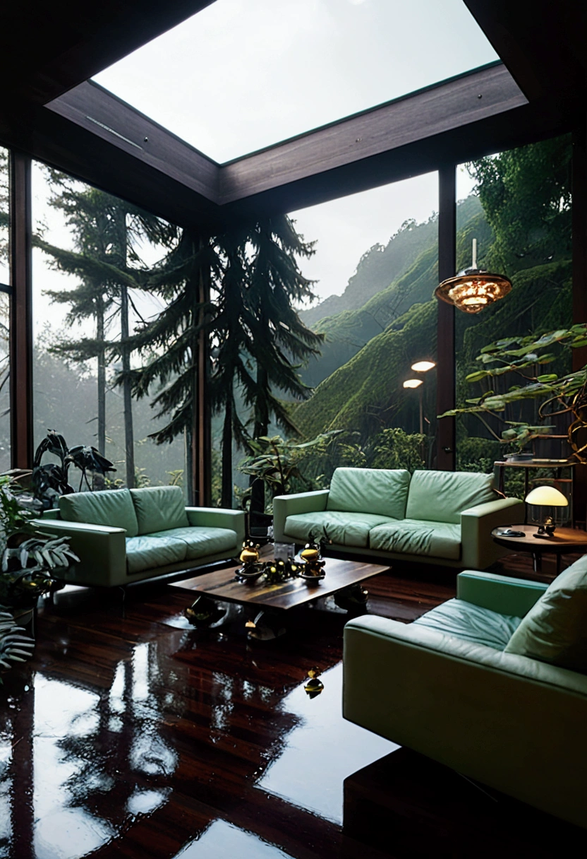 A luxury residence designed to resemble an airplane is integrated into a lush forest setting. The structure mimics the shape of an aircraft, with large wings extending over a modern multi-story building. The property is surrounded by trees, and the house features large windows and a pool, creating a blend of aviation and architectural innovation in a natural environment.
