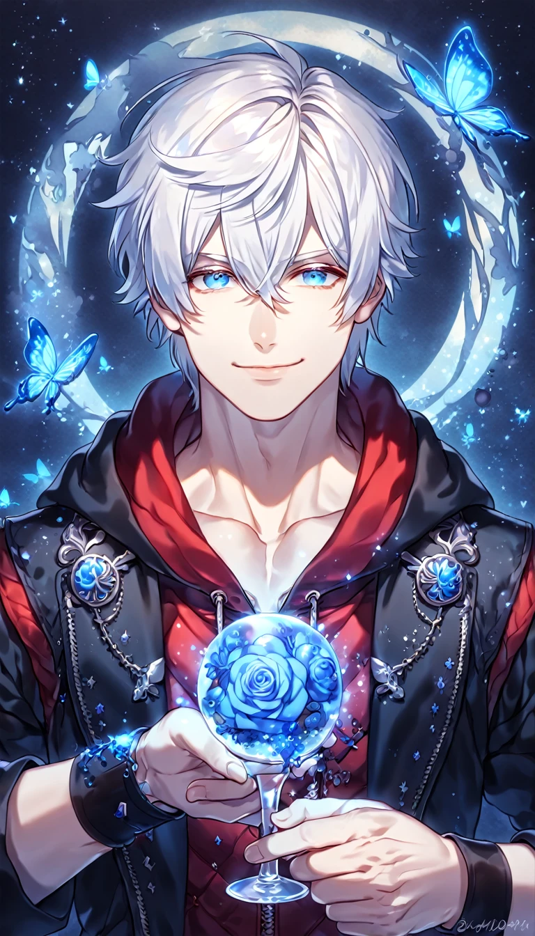 absurdres, highres, ultra detailed, HDR, master piece, best quality, extremely detailed, detailed face, Nero, medium length white hair, hair between the eyes, expressive blue eyes, Devil May Cry, solo, sexy man, handsome, smile, manly man, black coat, hooded red vest, black wrist band, magical, fantasy, under a blue tree, blue flames, blue moon, blue fireflies, blue roses, blue butterflies, glass magic