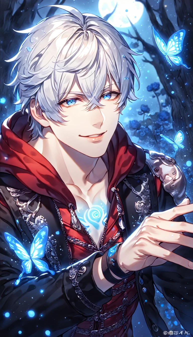 absurdres, highres, ultra detailed, HDR, master piece, best quality, extremely detailed, detailed face, Nero, medium length white hair, hair between the eyes, expressive blue eyes, Devil May Cry, solo, sexy man, handsome, smile, manly man, black coat, hooded red vest, black wrist band, magical, fantasy, under a blue tree, blue flames, blue moon, blue fireflies, blue roses, blue butterflies, glass magic
