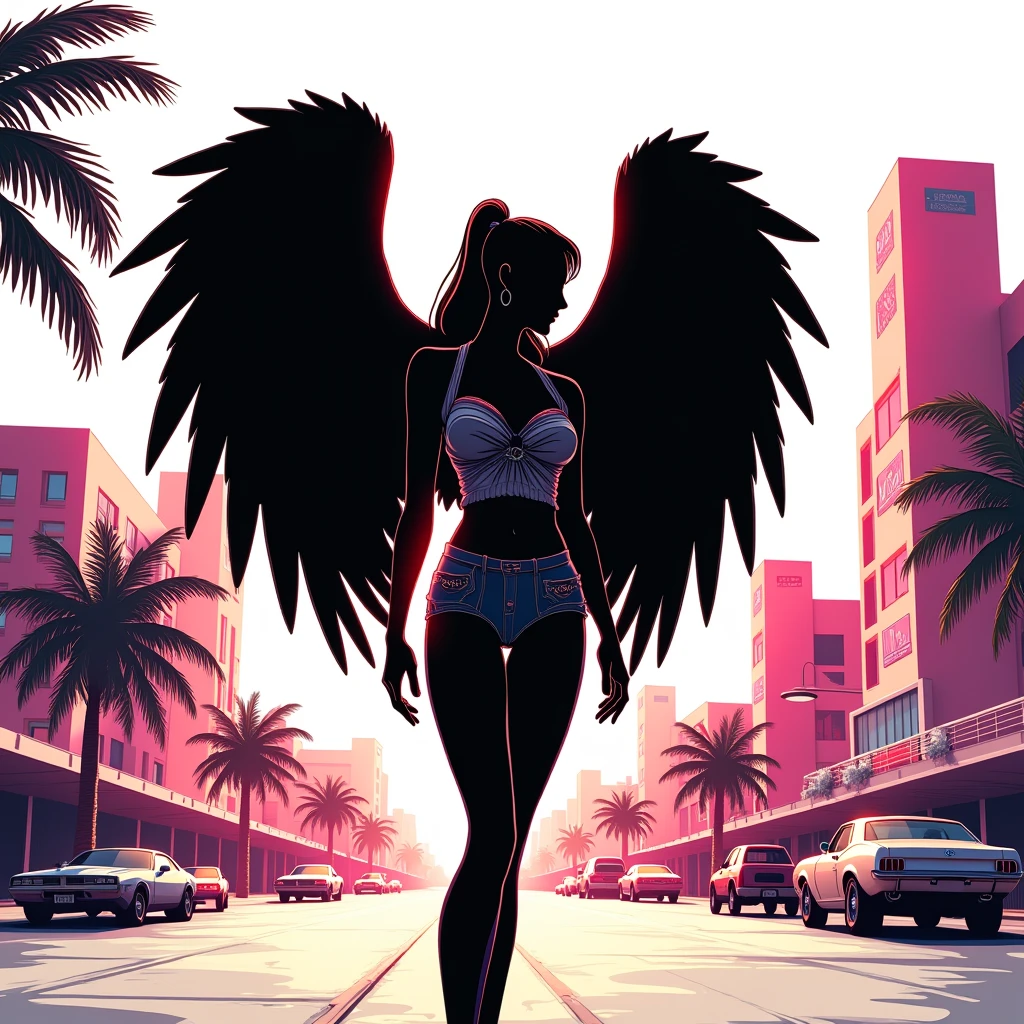 Black shadow of a woman with angel wings and cartoon style fashion clothes, in Vice City GTA, White sky