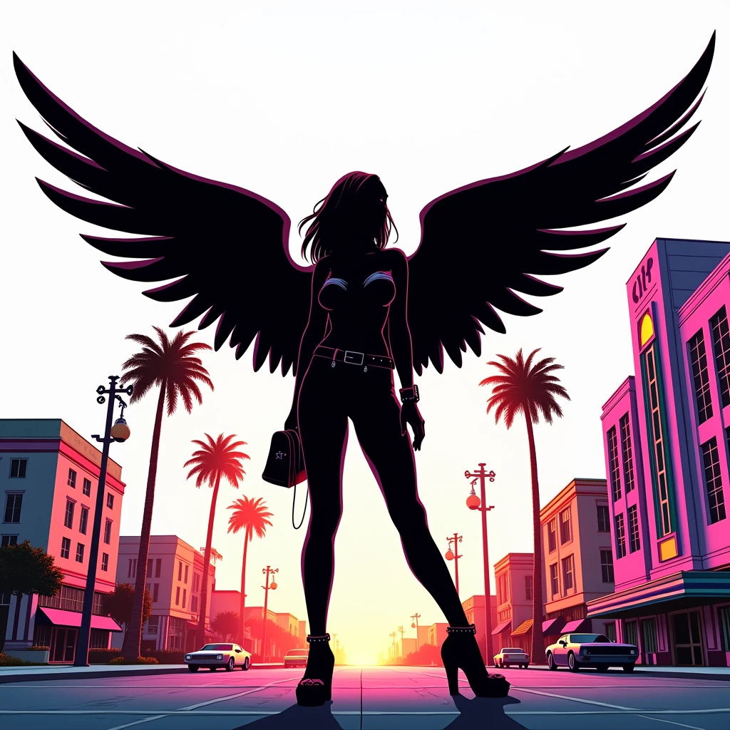 Black shadow of a woman with angel wings and cartoon style fashion clothes, in Vice City GTA, White sky