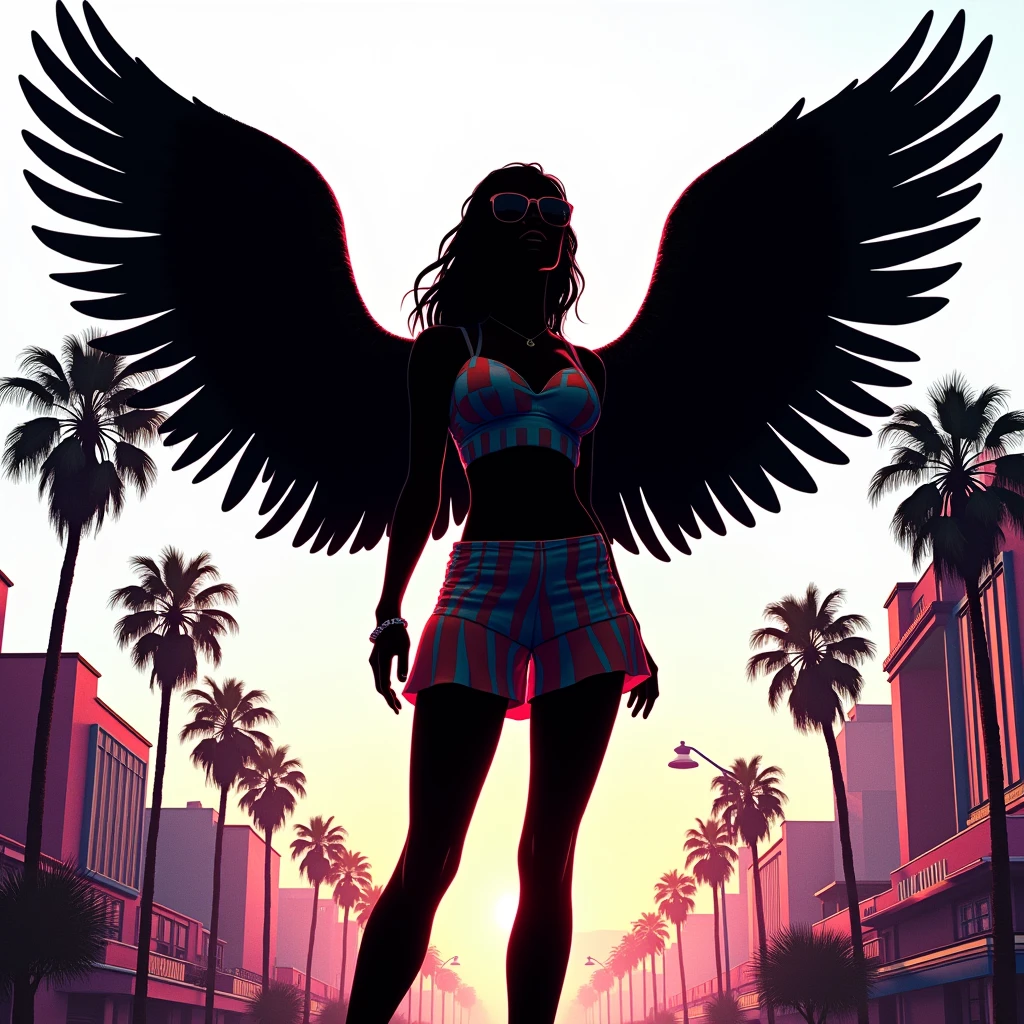 Black shadow of a woman with angel wings and cartoon style fashion clothes, in Vice City GTA, White sky