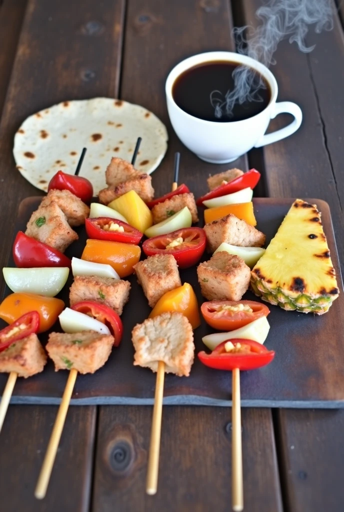 A cup of black coffee with a well-cooked golden grilled skewer with 4 pieces of pork and between each piece of meat there must be a carrot, sweet chili and onion , with a small 10-centimeter tortilla and a small 5-centimeter triangle of grilled pineapple
