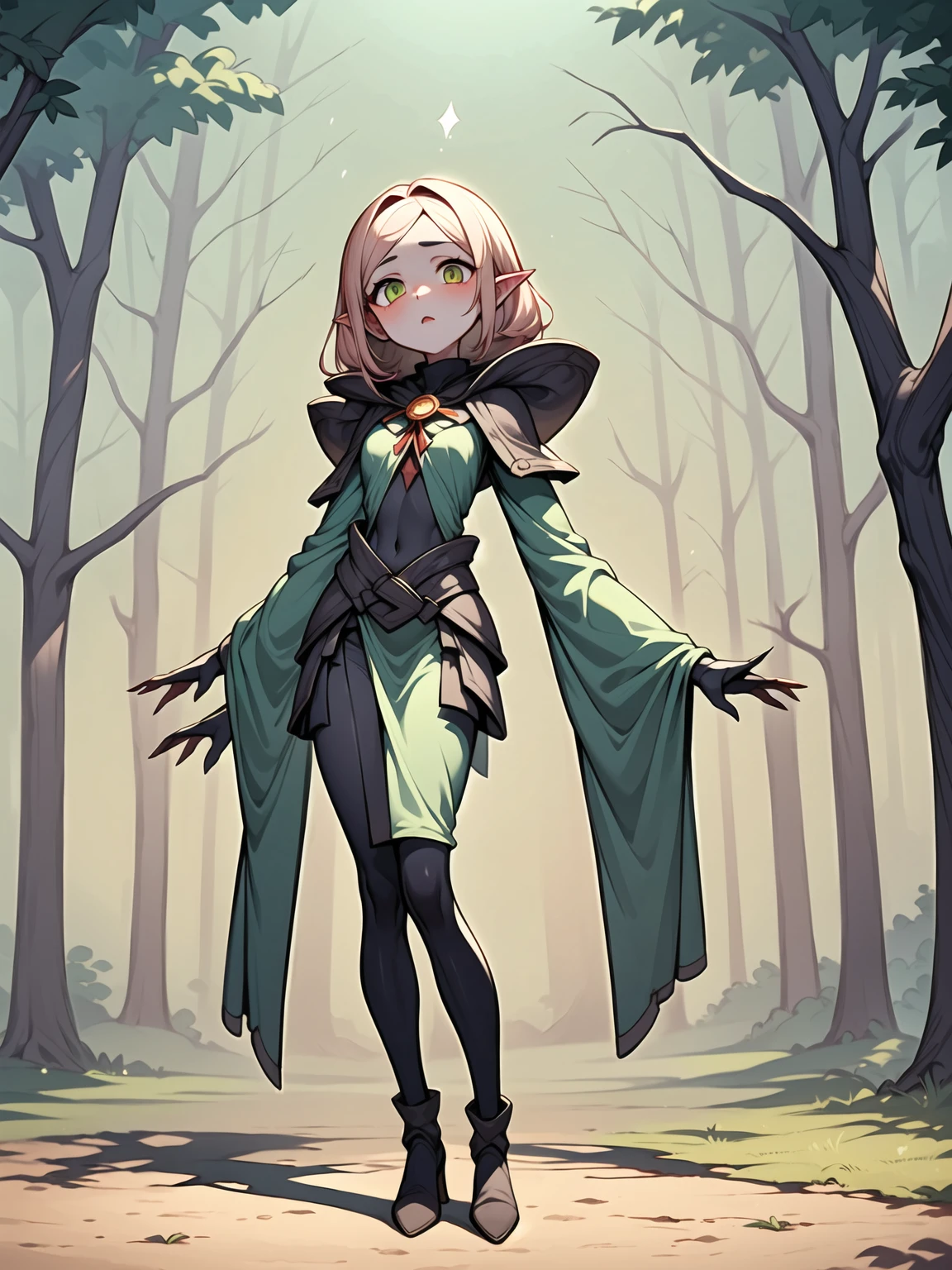 (((Masterpiece, best quality, high detailed, 8k))) Design a layout showcase Gaming character, (1girl). Light pink hair, green eyes, wearing a futuristic armor, wielding an empowering spear. (masterpiece:1.2), (best quality), ultra-detailed. (Step by step design, layout art:1.5), (luminous lighting, atmospheric lighting). Majestic elf in a magnificent forest with beautiful lighting. ((glove full hands)), intricate vambraces, high-tech legwear, (((full_body_shot:1.4))). The elf stands gracefully amidst ancient, towering trees, their leaves shimmering with a magical glow. The futuristic armor, a blend of sleek metal and glowing energy lines, contrasts beautifully with the natural surroundings. Her light pink hair flows softly around her, framing her elegant face with piercing green eyes that radiate wisdom and strength. The empowering spear she holds is adorned with mystical runes and a radiant crystal at its tip, pulsing with an ethereal light. She exudes an aura of power and serenity, perfectly harmonized with the enchanting beauty of the forest around her. Art style inspired by Artgerm, Kawacy, and Wadim Kashin.