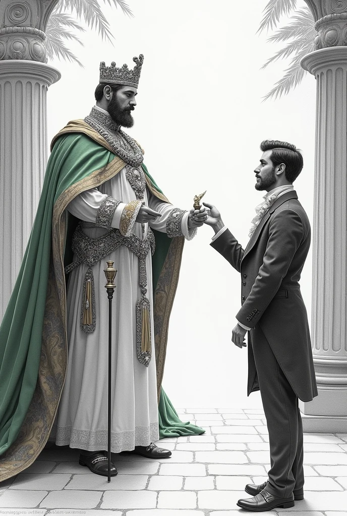 Make Dom Pedro I handing over gold to an Englishman behind a Brazilian flag in the form of a colorless drawing